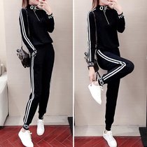 运动套装女春秋季2021新款韩版大码宽松显瘦休闲时尚跑步服两件套(黑色套装【上衣+裤子】 （好质量） M 【建议80-100斤】)