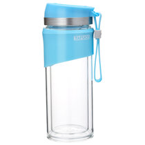 泰福高双层玻璃杯茶杯 便携水杯玻璃杯子家用 带盖创意水杯耐冷耐热便携顺手(蓝色)