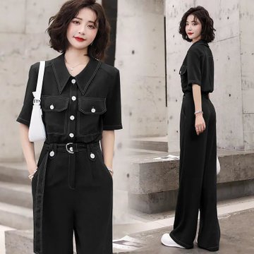 一三得衫2022年新款工装连体裤女时尚气质阔腿裤套装连衣裤潮(黑色  