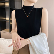 2021秋季新款短袖半高领羊绒羊毛衫女薄款纯色修身内搭套头针织衫(M 黑色-无袖卷边领)