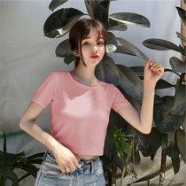 SUNTEK短款T恤女夏装心机小众设计感2022新款韩国学生高腰露脐短袖上衣(XL 粉色【307#】)