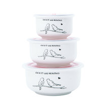 陶江湖 陶瓷保鲜碗三件套 带盖密封饭盒保鲜盒微波炉适用(早上好套装)
