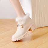 SUNTEK韩版短靴女学生2021年新款女靴子加绒高跟鞋子女秋冬季百搭毛毛鞋(35 杏色 厚绒里)