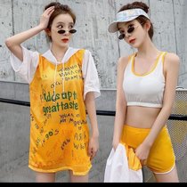 新款泳衣女保守学生韩版运动三件套分体平角遮肚显瘦温泉游泳装(黄三件套 XL（105-130斤）)