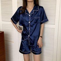 SUNTEK月牙城夏季冰丝睡衣女短袖长裤薄款春秋季开衫大码家居服两件套装(X蓝色)