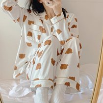 SUNTEK睡衣女士春夏季2021年新款韩版春秋加厚长袖大码可外穿家居服套装(乳白色 #-227白色小熊头)