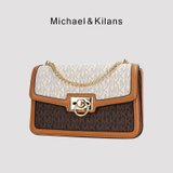 MICHAEL&KILANS 品牌包包女包新款老花单肩包简约链条斜挎小方包B1210826(咖啡色)