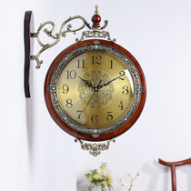 汉时(Hense)欧式复古双面石英挂钟客厅静音实木装饰时钟HDS24(棕色实木金属钟面)