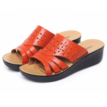 时尚舒适休闲居家撞色中跟松糕凉鞋拖鞋妈妈鞋大码中老年拖鞋黄色41