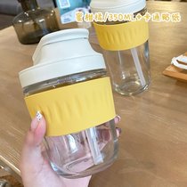 韩国ins风吸管玻璃水杯女高颜值带吸管创意冷萃网红牛奶咖啡杯子(双饮小号350ML-蜜柑橘+卡通贴纸)