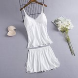 SUNTEK2022年新款性感睡衣女夏季薄款两件套带胸垫蕾丝吊带睡衣冰丝白色(白色)