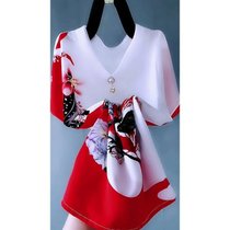 SUNTEK单/两件时尚短袖T恤妈妈女装潮夏季新款2022气质成熟大码遮肚上衣(4XL 红色单件装)