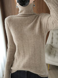 秋季新款针织羊绒衫女内搭高领打底套头毛衣纯色竖条韩版纯羊毛衫(2XL 驼色)