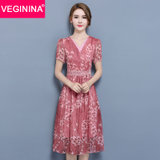 VEGININA 中长款印花V领修身短袖雪纺连衣裙 9531(红色 XL)