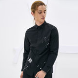 七匹狼旗下圣沃斯系列衬衣2018春季青年男士方领时尚印花长袖衬衫(001(黑色) 170/88A/L)