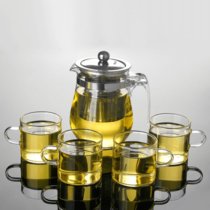 （304不锈钢胆）防爆耐热玻璃泡茶壶花茶壶玻璃茶杯过滤茶具套装(（加厚防爆）500ml壶 1壶+4中杯)