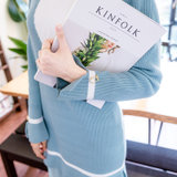 Mistletoe2017秋冬季女装长袖针织连衣裙韩版高领百褶针织裙(蓝色 M)