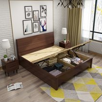 进畅家具 实木床 1.8米简约北欧双人气压高箱床带抽屉1.35小户型橡木储物床(1.8*2米（胡桃色） 床)