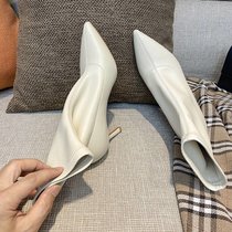 SUNTEK靴子女2021秋冬季新款高跟女鞋尖头短靴女粗跟弹力瘦瘦靴中跟中筒(34 细跟米白色（绒里） 跟高8cm)