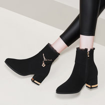 SUNTEK磨砂靴子女反毛皮短靴2021新款冬季女鞋加绒粗跟高跟鞋妈妈瘦瘦靴(41 黑色 （不加绒）9099-2)