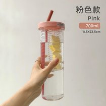 ins塑料杯大容量带吸管便携果汁背带水杯过滤网红高颜值夏天杯子kb6(北欧粉)