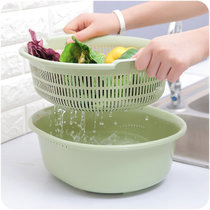 素色双层洗菜篮水果沥水篮厨房水果收纳篮塑料多用洗菜篮DS502(北欧绿色 双层)