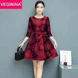 VEGININA 韩版修身七分袖气质连衣裙 3241(红色 3XL)