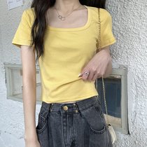SUNTEK方领t恤短袖2022新款女装夏季纯色短款修身上衣服辣妹风ins潮(M 70~100斤 黄色 短袖)