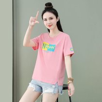 短袖T恤女夏季宽松时尚洋气印花小个子减龄短款上衣(粉红色 L 建议100-115斤)