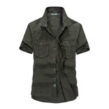 夏装新款战地吉普AFS JEEP纯棉尖领短袖衬衫 661男士工装半袖衬衣(深军绿 L)
