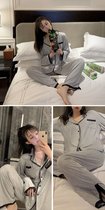 SUNTEK格子蕾丝睡衣春秋款女长袖大码2022年新款冬款家居服套装秋季(1034#灰)