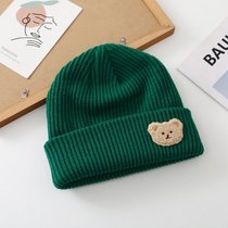 SUNTEK炒鸡显白的克莱因蓝色帽子保暖毛线帽女秋冬显脸小小熊针织帽冷帽(M（56-58cm） 绿色--小熊个性毛线帽)