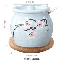 日式调料盒陶瓷装盐罐单个辣椒油罐猪油罐家用带盖调味罐放盐家用(600ML蓝色+木垫（送小勺）)