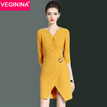 VEGININA 时尚v领短款一步裙纯色修身中腰连衣裙 9970(黄色 XL)