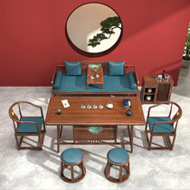 罗汉床新中式 乌金木茶桌椅组合推拉床榻 客厅沙发床塌椅小户型实木家具(罗汉桌茶桌1.8米七件套组合)