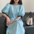 韩版气质纯色圆领宽松系带显瘦开叉拼色泡泡袖连衣裙(蓝色 均码)