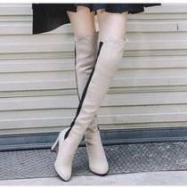 2017时尚百搭绒面侧拉链套筒粗跟高跟尖头女士过膝长筒靴高筒靴(39)(黑色)