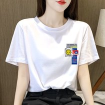 SUNTEK短袖t恤女装2022年新款夏季设计感国潮风ins白色宽松大码上衣(S 95斤内 笑脸贴标)