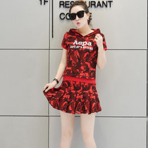邑概念  2017夏装新款韩版时尚休闲运动套装女学生潮流连帽套裙(红色 XXXL)