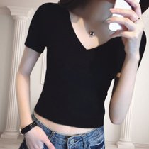 SUNTEK夏装2022新款短袖t恤女生半袖体恤修身上衣心机洋气打底小衫v领(XL 黑色)