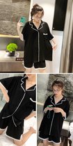 SUNTEK夏季蕾丝睡衣女2022年新款短袖长裤简约时尚两件套家居服套装(7013#黑色)