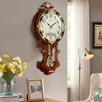 汉时(Hense)欧式创意复古石英静音挂钟客厅自动校时实木装饰摆钟HP07(棕色中号-电波机芯)