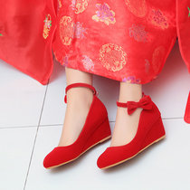 结婚鞋女红色新娘鞋2017夏季新款坡跟中跟平底孕妇鞋中式婚礼红鞋(37)(黑色)