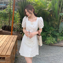 2021夏季新款法式优雅桃心领公主袖抽褶气质纯色连衣裙(白色 L)