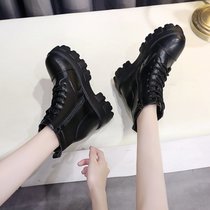 SUNTEK马丁靴女内增高10cm女鞋2020秋冬新款英伦风短靴厚底坡跟黑色皮靴(35 黑色【加绒】)
