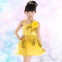 儿童演出服女童舞蹈服装绿色表演服亮片小学生六一节跳舞裙纱裙(黄色)(100cm)