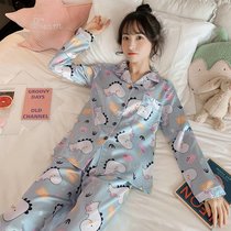 SUNTEK冰丝睡衣女春秋季长袖2021年新款女士大码宽松ins家居服套装秋冬(泡泡龙【套装】)