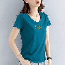 纯棉v领短袖t恤女2022年新款夏季女装修身气质半袖上衣体恤衫(湖蓝 L)