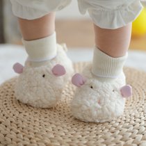 冬宝宝加绒地板鞋袜可爱婴儿鞋超软羊羔绒加绒地板中筒不掉袜套(白色 绵羊 【S】0-12个月（脚10-12CM）)