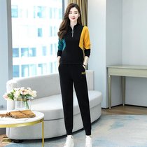 时尚休闲运动套装女2021年秋季韩版宽松洋气拼接卫衣两件套潮(2139*蓝黄拼接)